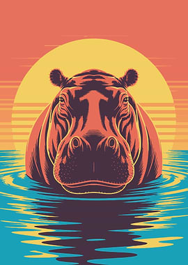Hippo in Water with Sunset Backdrop