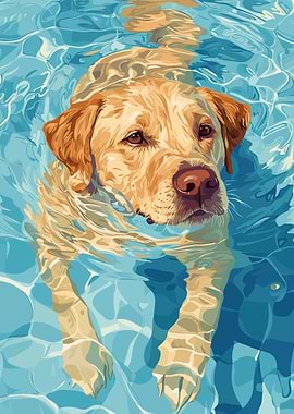 Golden Retriever Swimming in Blue Water