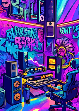 Vibrant Cyberpunk Gaming Room Illustration