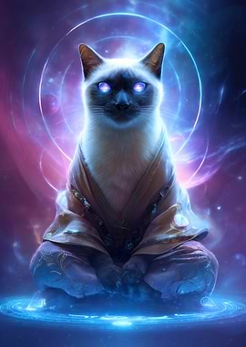 Siamese Cat Sorcerer in Robes with Glowing Eyes Cosmic Halo Magic Circle