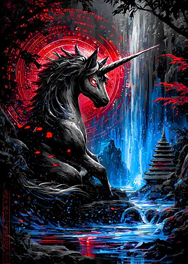 Dark Unicorn Waterfall Fantasy