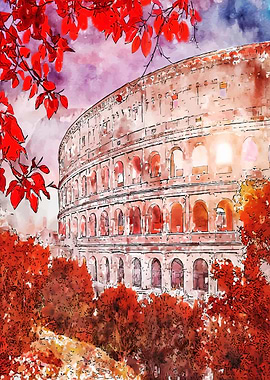 Colosseum in Rome Watercolor Painting