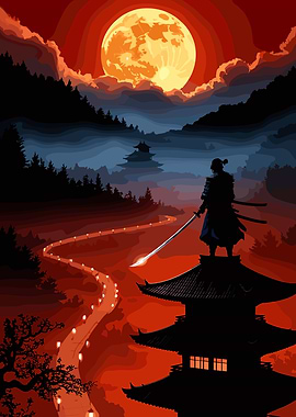 Samurai on Pagoda Under Full Moon