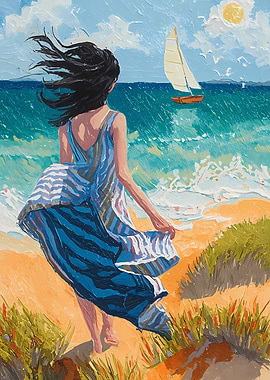 Woman on Beach with Sailboat Painting