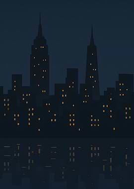 Night Cityscape Silhouette with Reflections