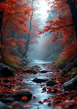 Mystical autumn forest with red foliage