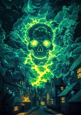 Eerie Green Skull Over Dark Town