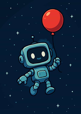 Robot with Balloon in Space Cartoon