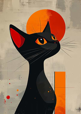 Abstract Black Cat with Orange Accents
