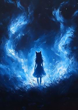 Blue Cat Girl in Dreamy Landscape