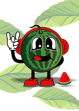 Cartoon Watermelon with Headphones and Rock Gesture