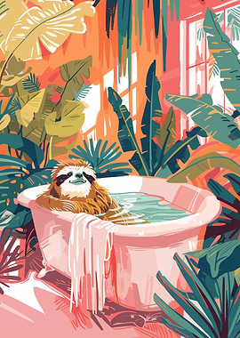 Sloth in Bathtub Surrounded by Plants