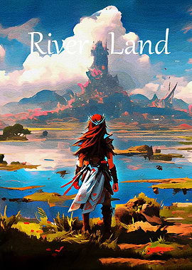 River Land Fantasy Landscape with Warrior