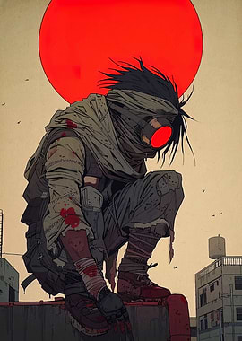 Cyberpunk Warrior with Red Sun Backdrop