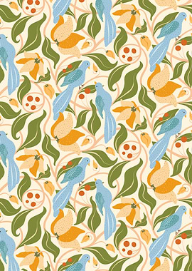 Floral Pattern with Birds and Berries