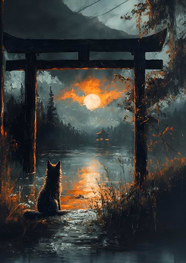Fox at Torii Gate by Lake
