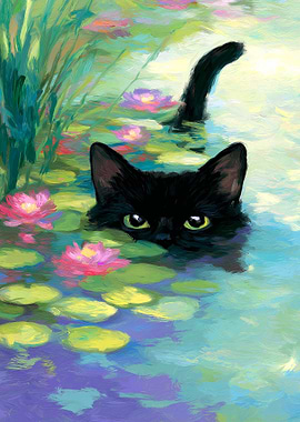 Black Cat in Lily Pond Painting