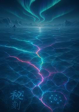 Aurora Borealis over Cracked Ice Landscape