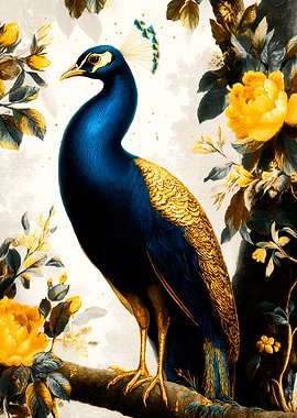 Peacock and Yellow Flowers Illustration