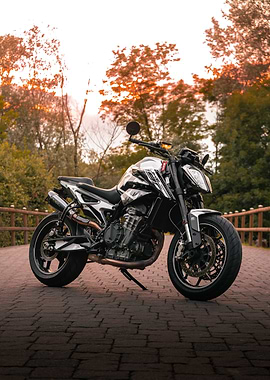 Motorcycle on Brick Path at Sunset