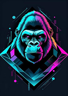 Neon Gorilla Head with Geometric Design