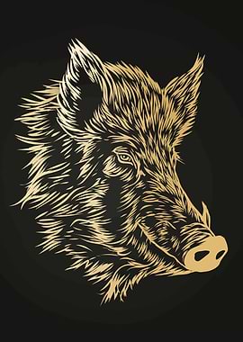 Golden Boar Head on Black Background