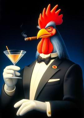 Rooster in Tuxedo with Cocktail and Cigar