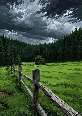 Green Field with Wooden Fence