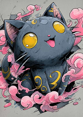 Cute Cartoon Cat with Pink Clouds