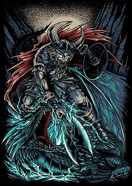 Viking Warrior Slaying Dragon Illustration