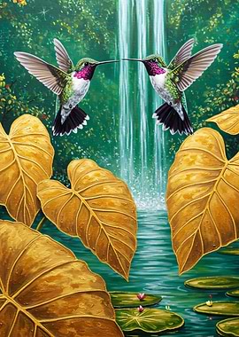 Hummingbirds and Waterfall