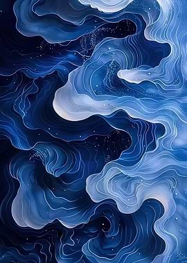 Abstract Blue Waves with White Lines