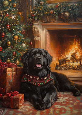 Christmas Newfoundland Dog by Fireplace Painting