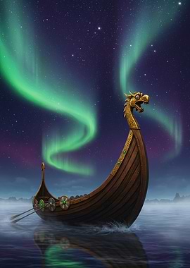 Viking Ship Under Aurora Borealis