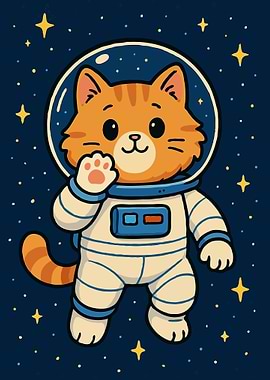 Cartoon Cat Astronaut in Space