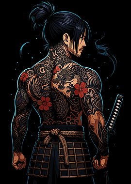 Tattooed Samurai Warrior with Katana