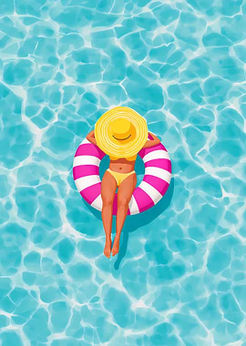 Woman Floating on Pink Ring in Water