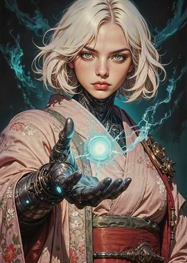 Mystical Cyberpunk Sorceress: Weaving Arcane Energy in a Floral Kimono