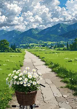 Daisy-filled bicycle basket on country path