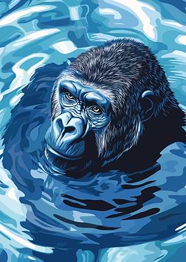 Blue Gorilla in Water Digital Art
