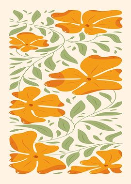 Floral Pattern with Orange Flowers and Leaves