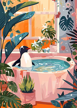 Penguin Bathing in a Lush Setting