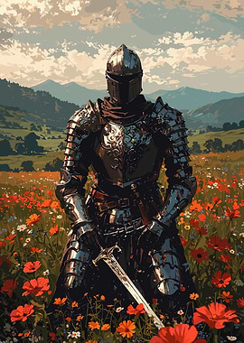 Knight in Armor in Flower Field