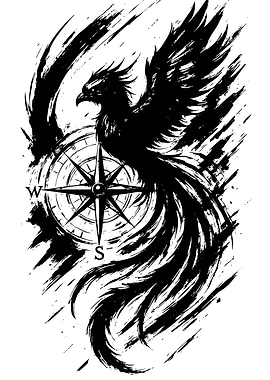 Phoenix and Compass Black Ink Drawing