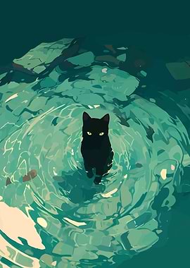 Black Cat in Water Illustration