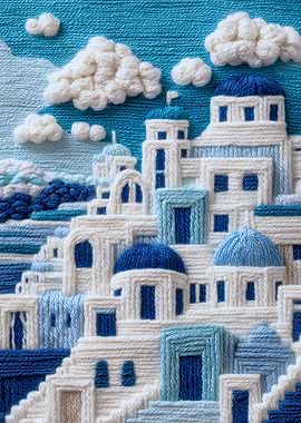 Santorini Skyline Embroidery Art