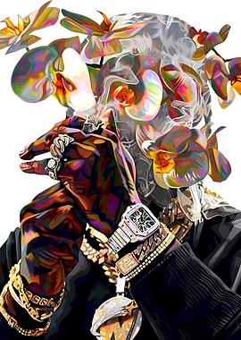 Pop Smoke Abstract Portrait with Jewelry and Flowers