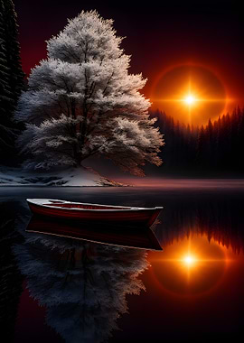 Winter Lake Boat at Sunset