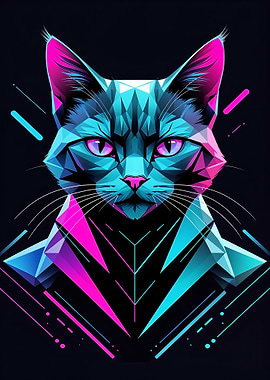 Geometric Cat Portrait with Neon Accents