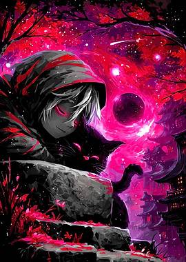 Anime Boy with Cat in Fantasy Landscape